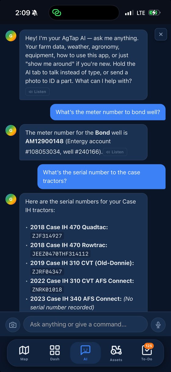 AgTap AI answering real farm questions — meter numbers and tractor serials