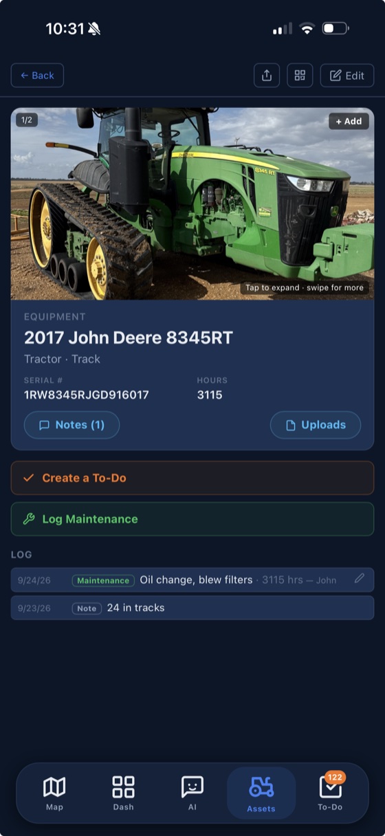 John Deere 8345RT detail page with specs, photos, and maintenance log in AgTap