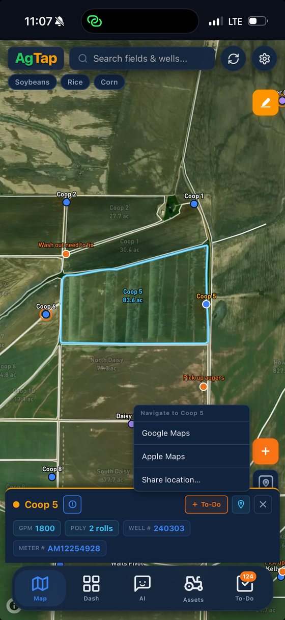 Navigating to a well in AgTap — Google Maps or Apple Maps from the map