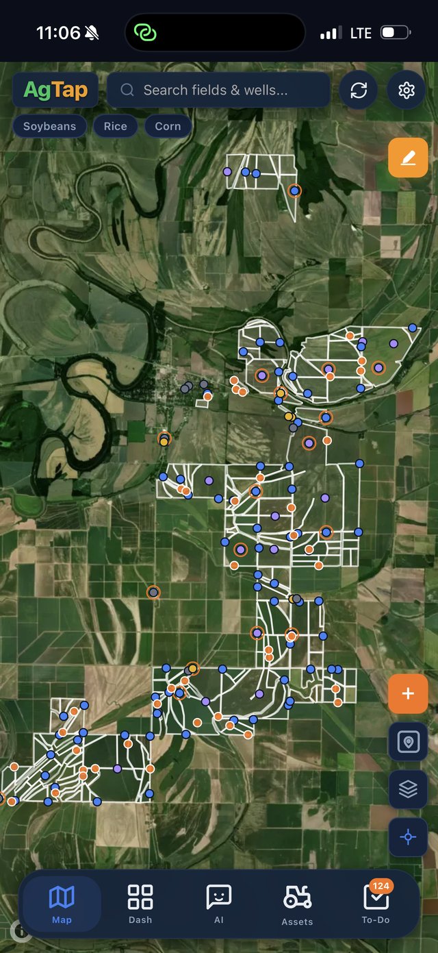 The whole operation on one AgTap map — every field, well, and to-do