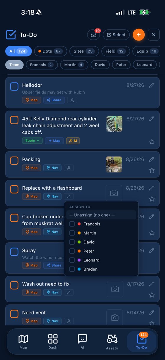 AgTap to-do list with a pill for each farm hand