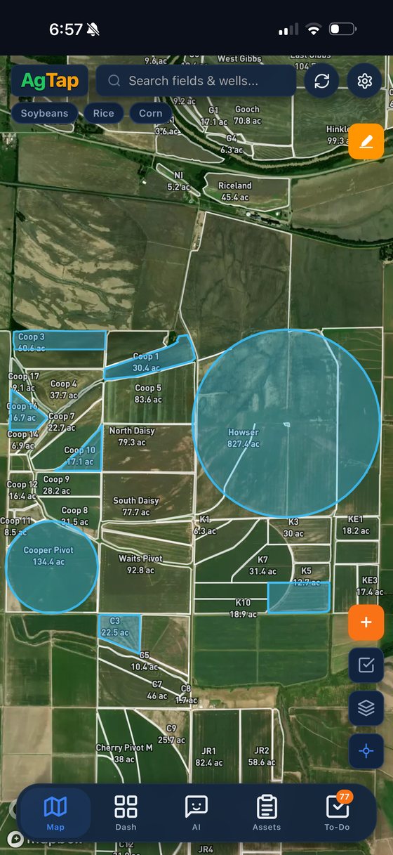 AgTap map with watering fields glowing blue